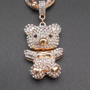 Necklace, Teddy Bear Valentine Crystal Pendant in Tricolor Iron 22.50 In